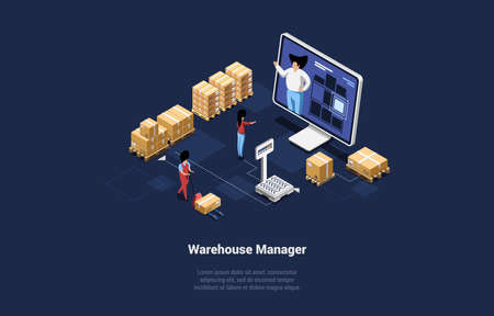 Concept Illustration, Cartoon 3D Style. Isometric Vector Composition With Writings, Infographics And Characters. Warehouse Manager, Professional Worker. Storehouse Marketing, Trade Control Personのイラスト素材