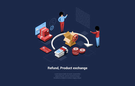 Vector Illustration, Cartoon 3D Style Composition. Isometric Design. Refund For Goods, Product Exchange System. Service Of Products Or Service Recompense. Customer Rights Defence. Characters Standingのイラスト素材