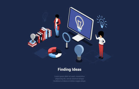 Vector Illustration, Cartoon 3D Style Composition. Isometric Design. Finding Ideas Process, Brainstorming Concept. Teamwork, Study Together. Common Practice Of Creativity. Characters, Infographicsのイラスト素材