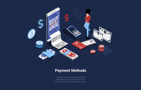 Different Payment Methods Vector Illustration In Cartoon 3D Style On Dark Background. Conceptual Isometric Design With Characters And Writing. Buy And Sell Product Ways, Cash Currency, Electronic Billのイラスト素材