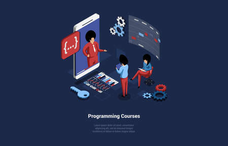 Programming Study Courses Vector Illustration In Cartoon 3D Style On Dark Background. Conceptual Isometric Design With Characters And Writing. Internet Learn, Online Education, Remote School, Collegeのイラスト素材
