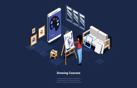 Vector Illustration In Cartoon 3D Style. Isometric Composition On Dark Background With Text And Characters. Drawing Courses Concept. Internet Education, Remote Online Learning, Home Schooling Ideasのイラスト素材