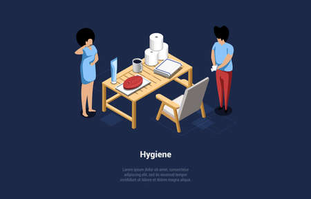 Vector Illustration In Cartoon 3D Style. Isometric Composition On Dark Background With Text And Characters. Hygiene Concept. Teeth Brushing, Hands Washing. Soap, Towels, Napkins On Table. Day Routineのイラスト素材