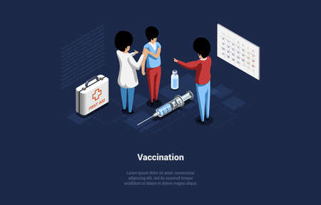 Vector Illustration In Cartoon 3D Style. Isometric Composition On Dark Background With Text And Characters. Vaccination Process Concept. Healthy Lifestyle Medical Help, Doctor Observe, Protectionのイラスト素材