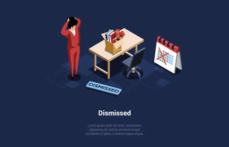 Dismissed Concept Illustration. Isometric Vector Composition In Cartoon 3D Style. Shocked Character Standing, Fear Of Being Fired. Office Worker In Suit, Workplace With Things, Calendar, Infographicsのイラスト素材