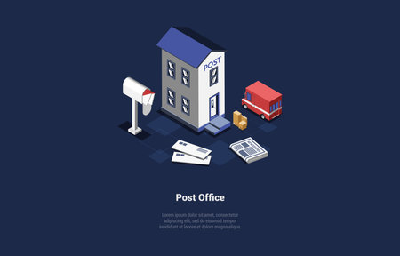 Vector Illustration On Post Office Building Concept. Isometric 3D Composition In Cartoon Style. Mailing Service, Send Parcels Worldwide. Newspaper, Letter, Automobile Near, Writing On Dark Backgroundのイラスト素材