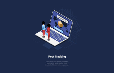 Vector Illustration On Post Office Tracking Service And Vehicles Concept. Isometric 3D Composition In Cartoon Style. Dark Background And Writing. People Standing On Laptop With Map And Box On Screenのイラスト素材