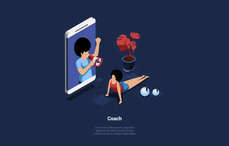 Concept Of Online Personal Trainer And Health Treatment. Woman Takes An Online Course With Coach. Girl Doing Different Exercises Looking On The Screen Of Smartphone. Isometric 3d Vector Illustrationのイラスト素材