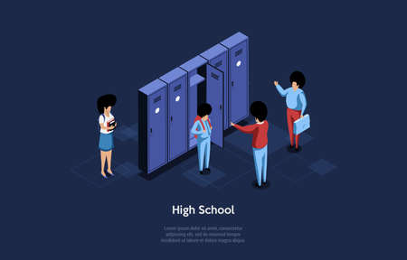 Concept Of Hgh School. Students Communicating Together In Hallway Near School Steel Clothes Wardrobe. Male And Female Students Discuss Past Events in Class. Isometric Cartoon 3d Vector Illustrationのイラスト素材