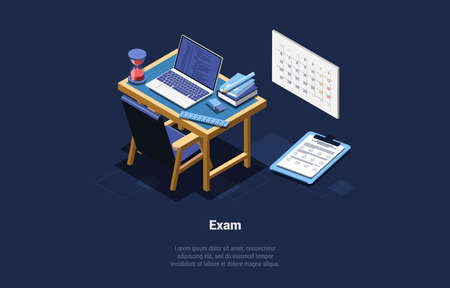 Concept Of Back to School And Exam Pass. Empty Modern Fashion Interior Of Classroom Or Cabinet With Wall Calendar, Hourglass, Laptop On The Desk And School Supplies. Isometric 3d Vector Illustrationのイラスト素材