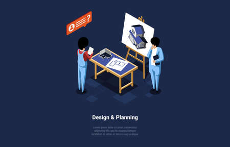 Concept Of Interior Design And Planning. Interior Designer Prepares New House Design On Blueprint And Discussing Details With Customer. Hardworking Man Draw New Plan. Isometric 3d Vector Illustrationのイラスト素材