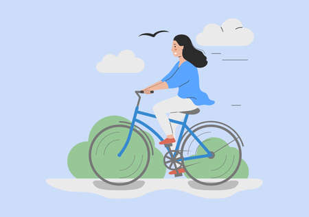 Concept of Physical Activity, Healthy Lifestyle And Playing Sport. Happy Woman In The Park Riding Bicycle. Adorable Young Hipster Woman In Trendy Clothes on Bike. Cartoon Flat Vector Illustrationのイラスト素材