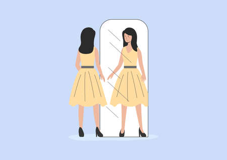 Concept Of Fashion, Sale And Shopping. Woman In Fashion Boutique. Happy Smiling Female Character Is Looking In The Mirror Choosing New Dress And Shoes For Herself. Cartoon Flat Vector illustrationのイラスト素材