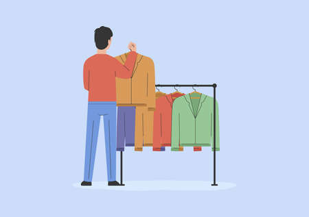 Concept Of Fashion And Shopping. Man Is Choosing Clothes In Store. Happy Male Character Is Choosing Suit Or Tuxedo In Fashion Boutique. Stylish Beautiful Girl In Shop. Cartoon Vector illustrationのイラスト素材