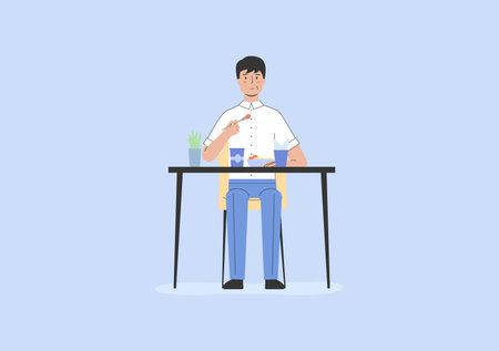 Concept Of Food Service And Eating Out. Man Is Visiting Restaurant, Eating Business Lunch. Male Character Is Drinking Beverage Eating Meal In Fast Food Restaurant. Cartoon Flat Vector Illustrationのイラスト素材
