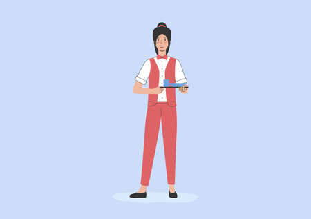 Concept Of Service In Restaurant. Female Character At Workplace. Woman Waiter Is Holding Tray With Order. Waiter Prepared an Order of Tasty Dishes For the Customer. Cartoon Flat Vector Illustrationのイラスト素材