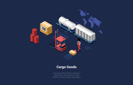 Concept Of Warehouse And Cargo Goods. Worker Loading Cardboard Boxes Using Pallet Jack And Forklift. Global Business. Global Business With Railway Delivery. Isometric Cartoon 3D Vector Illustrationのイラスト素材