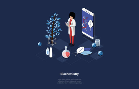 Biochemistry Research, Formulas And Calculations Concept. Character Laboratory Assistant Scientist Make Biochemistry And DNA Research. Molecular Engineering. Isometric Cartoon 3d Vector Illustrationのイラスト素材