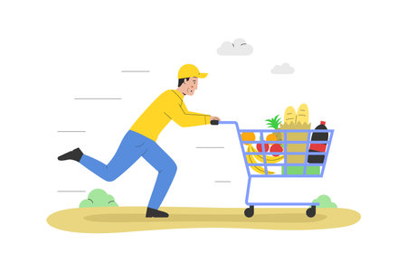 Concept Of Home And Office Food Delivery. Courier In Uniform Deliver Food Supply To Customers. Courier Service Worker Carries Cart With Grocery. Cartoon Linear Outline Flat Style. Vector Illustrationのイラスト素材