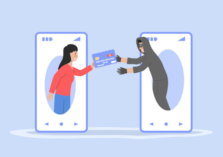 Transaction Security, Cyber Crime, Hacker Attack. Cheater In Face Mask Try To Steal Credit Card Data From User. Danger of Transferring Bank Card Data. Cartoon Outline Linear Flat Vector Illustrationのイラスト素材