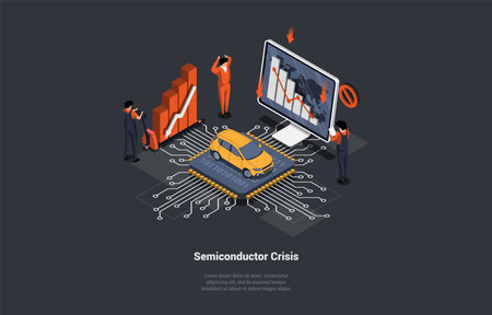Concept Of Semiconductor Crisis, Economy Crisis, Microchips Deficit For Electric Cars. Electronic Circuit With Microcontroller Board and Electric Components. Isometric Cartoon 3D Vector illustrationのイラスト素材