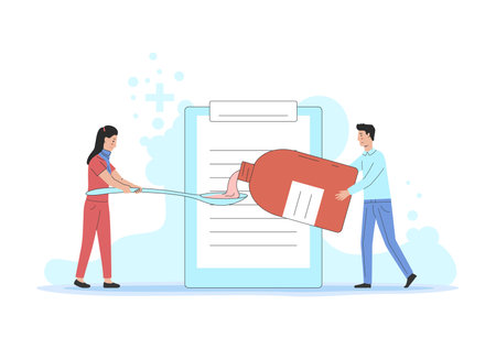 Pharmacy, Medicine And Healthcare, Clinic Consultation Concept. Man Giving Medicine To Sick Girl. Husband Take Care Of Wife According Doctor Recommendations. Outline Linear Flat Vector Illustrationのイラスト素材
