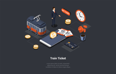 Tram Tickets App On Smartphone, Tramlines or Networks Operated. Man Buy Tickets Online At City Tram Stop. City Public Transport Simplicity and Convenience. Isometric 3d Cartoon Vector Illustrationのイラスト素材
