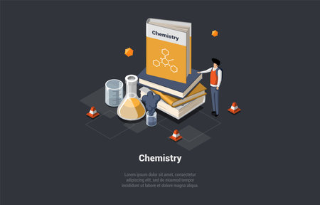 Concept Of Chemistry Studying, Subject, Education, Online Science Courses. Male Character Teacher Near Huge Textbook, Flask with Reagents. School Education System. Isometric 3d Vector Illustrationのイラスト素材