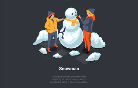 Winter Holidays, And Family Christmas Vacations. Happy Children Make Snowman. Kids Have Lots Of Fun Spending Time Together. Winter Active Games And Entertainment. Isometric 3D Vector Illustrationのイラスト素材