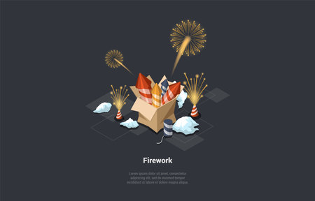 Celebration Of 4th July USA Or Christmas. Festival Firecracker, Holiday Party Rocket Petard In Cardboard Box. Firework Celebration Explosion, Explosive Firecracker. Isometric 3d Vector Illustrationのイラスト素材