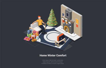 Christmas Home Atmosphere. Xmas Celebration, Cozy Atmosphere, Fireplace With Christmas Stockings. Boy Wathcing TV Near Xmas Tree And Prepared Packed Gifts. Isometric 3d Cartoon Vector Illustrationのイラスト素材
