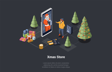 Merry Christmas and Happy New Year Celebrating Concept. Happy Santa Claus is Giving a Virtual Present To a Boy on a Video Call on Smartphone. Online Xmas Toy Store. Isometric 3d Vector Illustrationのイラスト素材
