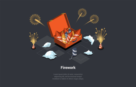 Divali Or Christmas Holidays Celebration. Festival Firecracker, Holiday Party Rocket Petard In Cardboard Box. Firework Celebration Explosion, Explosive Firecracker. Isometric 3d Vector Illustrationのイラスト素材