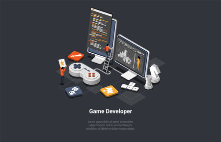 Concept Of Game Development. Creative People Developers In Process Of Create And Develop A Computer Video Game Design. Digital Technology, Programming and Codding. Isometric 3d Vector Illustrationのイラスト素材