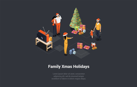 Winter Holidays, Home Coziness, Spending Time Together. Family Celebrate And Enjoy Christmas At Home. Characters Unpacking Xmas Gifts Near Christmas Tree. Isometric 3D Cartoon Vector Illustrationのイラスト素材