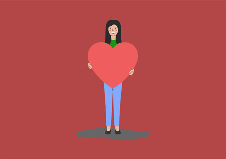 Young Woman Embraces Big Red Heart With Mindfulness And Love. Smiling Female Character Holding Big Postcard In Heart Shape. Happy Valentine Day Greeting Card. Cartoon Flat Style. Vector Illustrationのイラスト素材