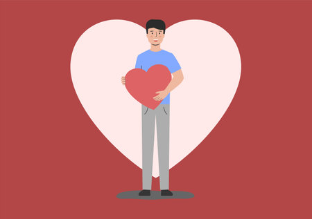 Young Man Embraces Big Red Heart With Mindfulness And Love. Smiling Male Character Is Holding Big Postcard In Heart Shape. Happy Valentine Day Greeting Card. Cartoon Flat Style. Vector Illustrationのイラスト素材