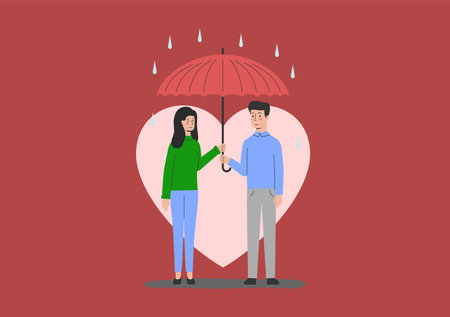 Love story, Couple Stand Under Umbrella at Rainy Night Street Front of Glowing Huge Heart. Romantic Relations. Man and Woman In Love Have Outdoor Dating, Romance, Cartoon Flat Vector Illustrationのイラスト素材