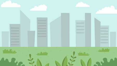 Urban Landscape With Large Modern Buildings And Suburb With Skyscrapers. Cityscape With Residential Houses and Shops. Countryside Landscape In Residential Area. Cartoon Flat Style Vector Illustrationのイラスト素材