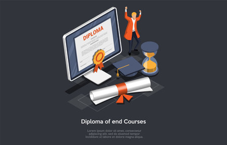 Concept Of Graduation, End Of Courses, Study At School, College And University. Happy Student Jumping and Dancing Near Huge Computer, Hourglass And Diploma. Isometric 3D Cartoon Vector Illustrationのイラスト素材