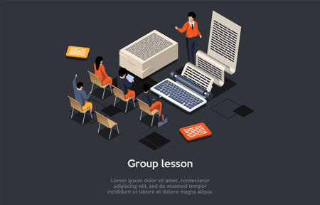 Concept Of Education Online And Offline, Business Training, Distance Online E-Learning. Group Of Students At Desks Listening To Teacher Or Business Speaker. Isometric Cartoon 3d Vector Illustrationのイラスト素材