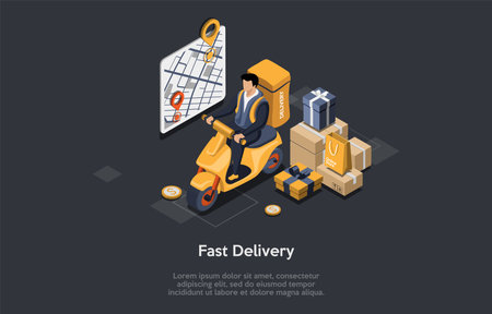 Mobile Application Online Courier Delivery Home And Office Service. Male Character Courier With Delivery Backpack, On Motorbike Delivering Food To Customer. Isometric 3d Cartoon Vector Illustrationのイラスト素材