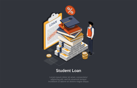 Student Loan, Investment In Knowledge Concept. Man Student Stay Near Stack Of Books, Graduation Hat And Dollar Banknotes. Boy Invest Money In Self Education. Isometric 3d Cartoon Vector Illustrationのイラスト素材