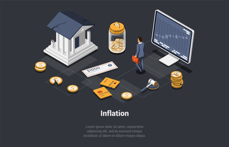 Global World Financial Crisis Concept. Default, Inflation, Devaluation, Stock Market Crash. Shocked Man Investor Lose Money And Investments. Price Increase Process. Isometric 3d Vector Illustrationのイラスト素材