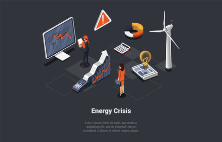 Energy Crisis, Oil, Natural Gas Embargo And Default, Man And Woman Control Falling Energy Prices. Decrease in Production Volumes as a Consequence of Energy Crisis. Isometric 3D Vector illustrationのイラスト素材