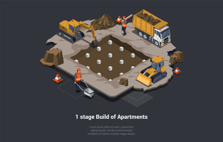 Concept Of House Building Stages And Foundation Work. Engineers, Architects And Workers Are Digging Foundation Pit Using Excavator, Dump Truck And Bulldozer. Isometric 3D Cartoon Vector Illustrationのイラスト素材