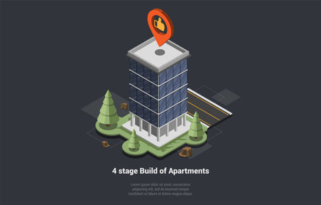 Concept Of Real Estate Building Stages And Apartment Buying. People Investing Money in Real Estate Property. House Loan, Rent and Mortgage. Newly Skyscraper Building. Isometric 3D Vector Illustrationのイラスト素材