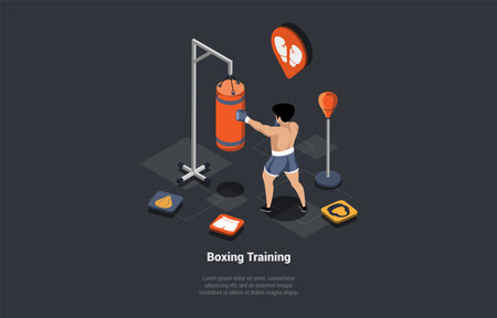 Concept Of Sports Activity, Boxing Training And Types of Martial Arts. Professional Boxer in Boxing Gloves is Boxing a Punching Bag. Fitness Workout In Gym. Isometric 3d Cartoon Vector Illustrationのイラスト素材