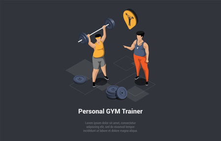 Concept Of Sports Activity, Bodybuilding And And Physical Exercises. Character Making Exercises With Personal Trainer Using Barbell. Fitness Workout In Gym. Isometric 3d Cartoon Vector Illustrationのイラスト素材