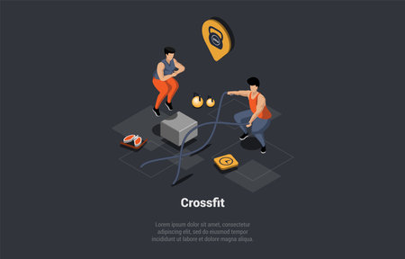 Sports Activity, Crossfit And Weight Training Exercises. Characters Engaged In Sports, Doing Exercises In Gym. Fitness Workout In Group With Battle Ropes. Isometric 3d Cartoon Vector Illustrationのイラスト素材